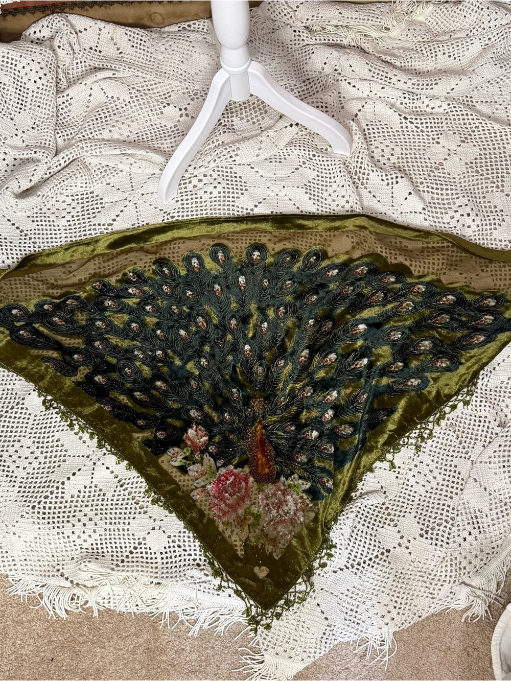 Vintage Olive Green Velvet Peacock Shawl with Bead Fringe - Picture 3 of 5
